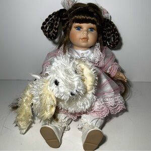 Choice Genuine Fine Bisque Porcelain Collector's Sitting Doll With White Dog